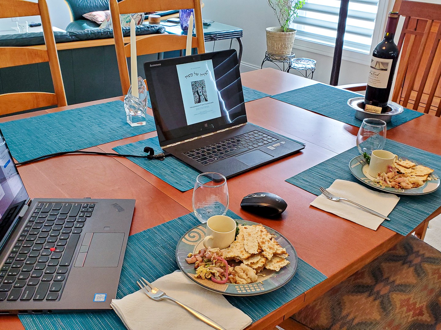 Passover2020-001 Getting ready for our family Zoom Seder across multiple time zones- Australia, Hawaii, and the East Coast. Laptop on the left with webcam and casting to our...