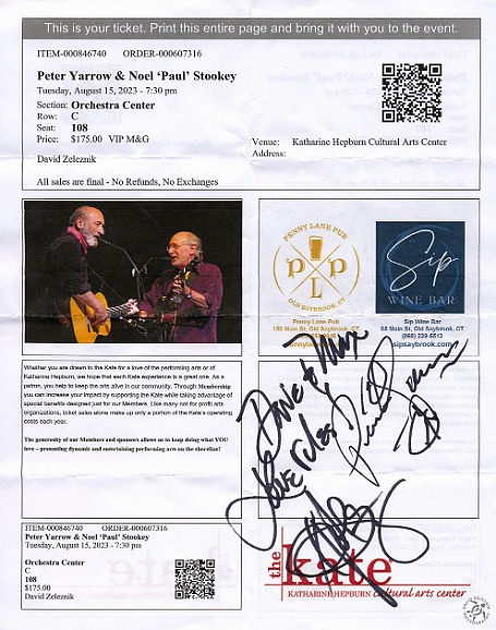 PeterYarrowPaulStookey-005 Everyone else brought albums or books for Peter and Paul to sign. We had none, so we used our ticket printout.