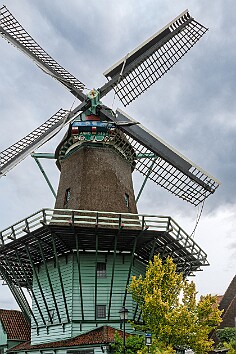 Amsterdam2025-023 Just a block away in the village of Zaandijk Max gets up close and personal with her first windmill. This one is a flour mill, or meelmolen, named De Bleeke...