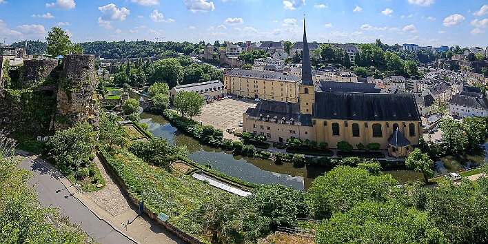 Luxembourg2025-028 The Grund District of Luxembourg City is in a valley along the Alzette River with Neumünster Abbey in the center