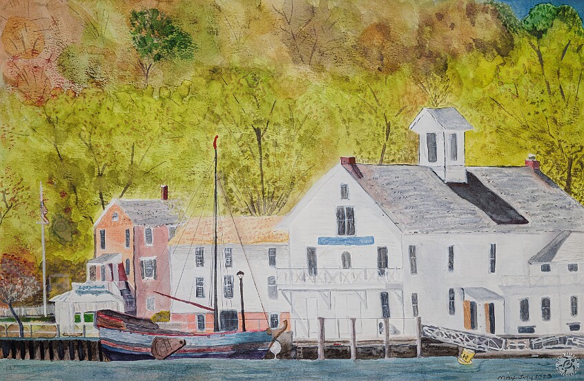 CT River Museum Floats My Boat Max's watercolor of the Essex waterfront titled