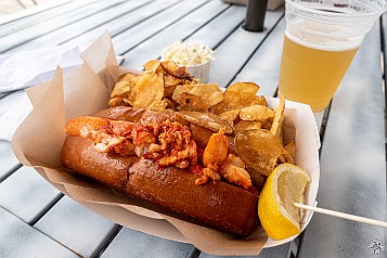 SirenLunch-005 CT style hot buttered lobster roll and Allagash draft, yum!