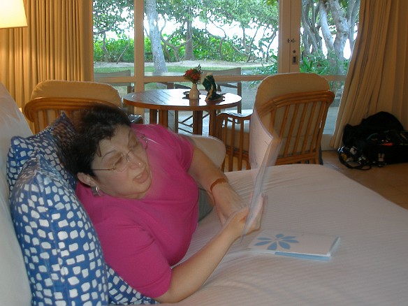 Max checks out the brochure of amenities. Notice the back patio of our garden-view room is only 20 steps from the beach! Jan 31, 2007 4:21 PM : BVI, Maxine Klein, Virgin Gorda 2007-02